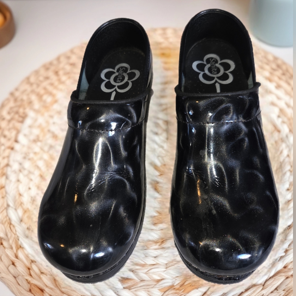 Sanita The Original Danish Clog, Shiny Patent Black With Grey Slip-On Clogs
